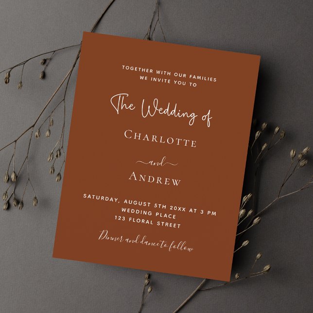 Burnt orange rust script budget wedding invitation (Creator Uploaded)