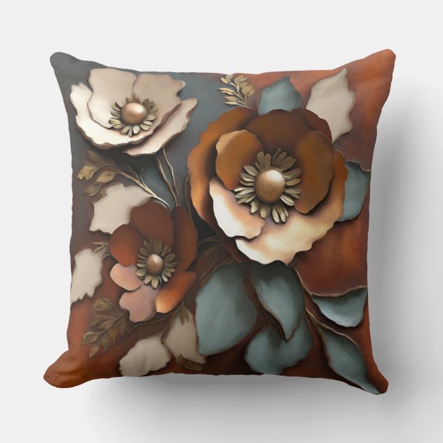 Burnt Orange Rust Teal Floral Print Throw Pillow (Front)