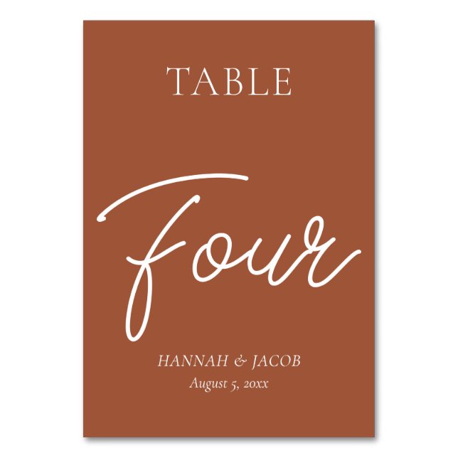 Burnt Orange Rust Wedding Four Table Number (Front)