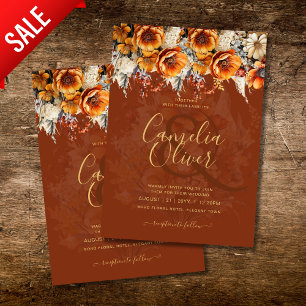 Burnt Orange Rustic Fall Floral Winter Boho Script Invitation