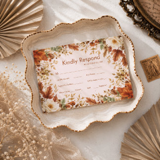 Burnt Orange Rustic Fall Leaves Wedding RSVP Card