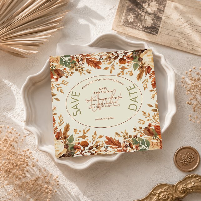 Burnt Orange Rustic Fall Leaves Wedding Save The Date (Creator Uploaded)