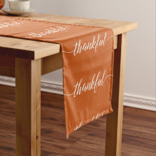 Burnt Orange Rustic Thanksgiving Thankful script Short Table Runner