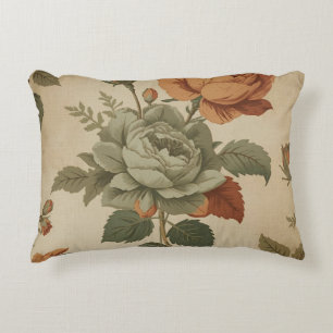 Burnt Orange Sage Green Vintage Floral Print Accent Pillow