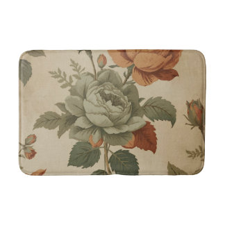 Burnt Orange Sage Green Vintage Floral Print Bath Mat