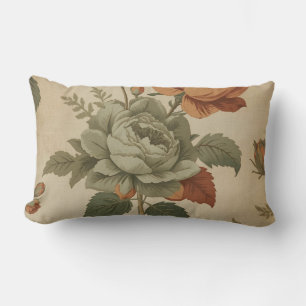 Burnt Orange Sage Green Vintage Floral Print Lumbar Pillow