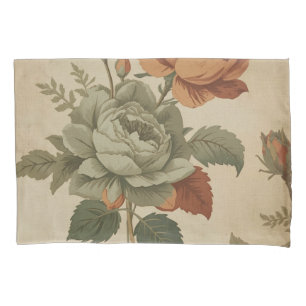Burnt Orange Sage Green Vintage Floral Print Pillowcase