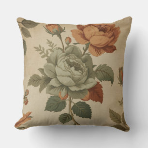 Burnt Orange Sage Green Vintage Floral Print Throw Pillow