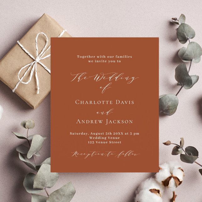 Burnt orange script budget wedding invitation (Creator Uploaded)