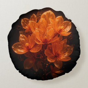 Burnt orange shiny flowers on black background round pillow