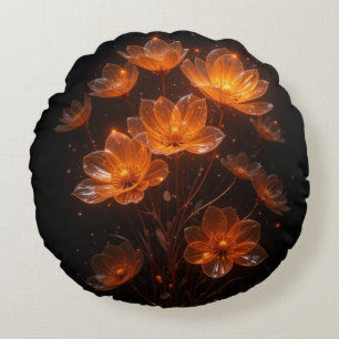 Burnt orange shiny flowers on black background round pillow