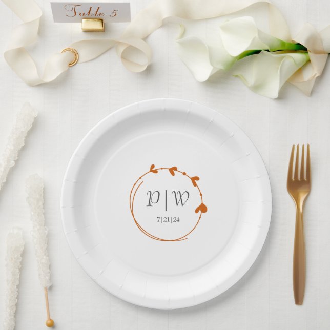Burnt Orange Simple Heart Wreath Monogram Wedding Paper Plate (Wedding)