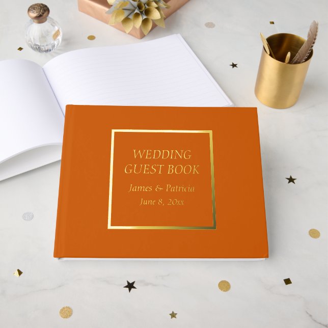 Burnt Orange Simple Stylized Lettering Wedding Guest Book (Front Open)