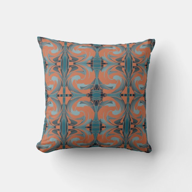 Burnt Orange Slate Seafoam Swirling Small Mosaics Throw Pillow (Front)