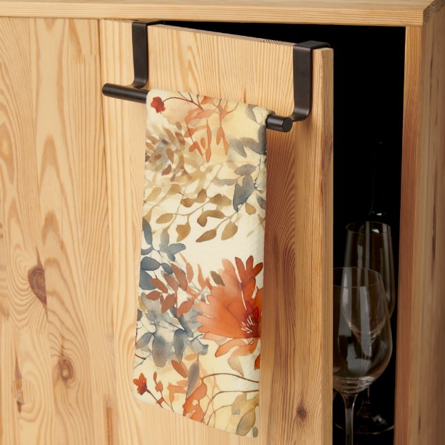 Burnt Orange, Smoky Indigo Abstract Floral Kitchen Towel (Thirds Fold)