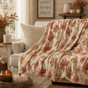 Burnt Orange Soft Beige Maple Leaf Fall Farmhouse Fleece Blanket