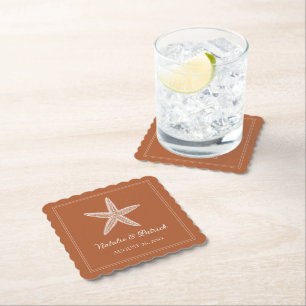 Burnt Orange Starfish Wedding Paper Coaster
