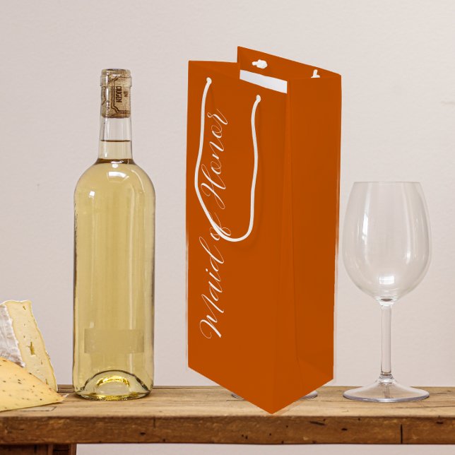 Burnt Orange Stylized Script Maid of Honour Wine Gift Bag (In Situ)