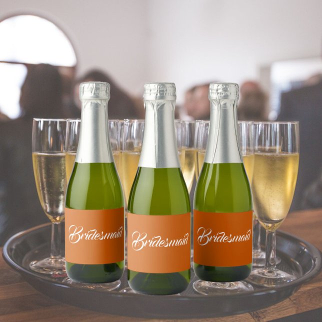 Burnt Orange Stylized Script Wedding Bridesmaid Sparkling Wine Label (In Situ Wedding)