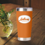 Burnt Orange Stylized Wedding Groomsman Name Insulated Tumbler<br><div class="desc">Gift your wedding groomsman with this trendy and personalized,  stainless steel,  thermal tumbler with his name in stylized script in a white oval design. Background and script is a burnt orange colour. Personalize your thermal tumbler by editing and replacing groomsman's name with desired name.</div>
