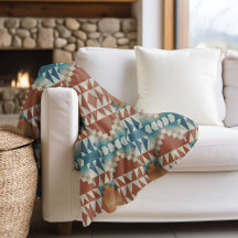 Burnt Orange Taupe Brown Teal Blue Tribal Art