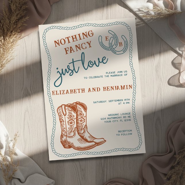 Burnt Orange Teal Cream Western Horseshoe Wedding Invitation (Creator Uploaded)