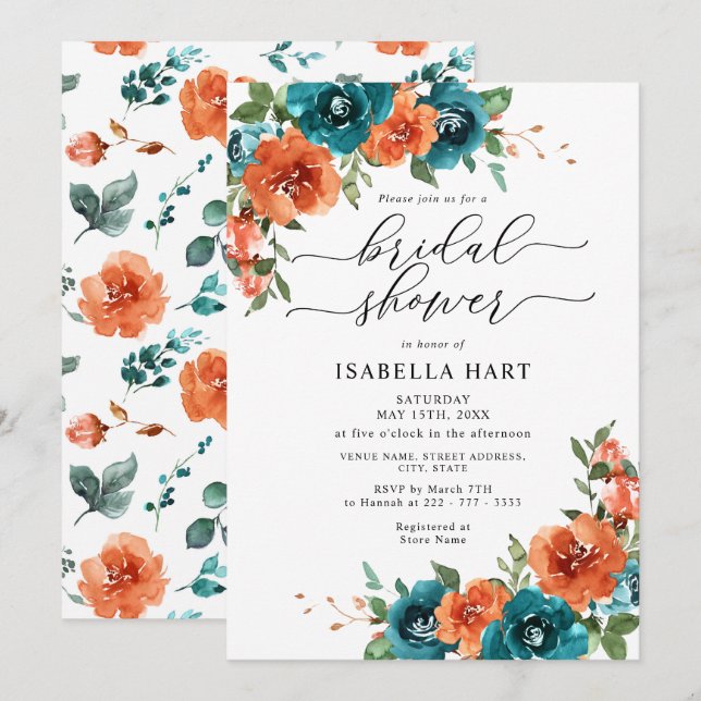 Burnt Orange Teal Floral Rustic Bridal Shower Invitation (Front/Back)