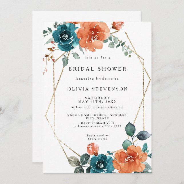 Burnt Orange Teal Gold Bridal Shower Invitation (Front/Back)