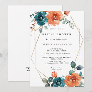 Burnt Orange Teal Gold Bridal Shower Invitation