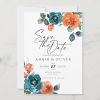 Burnt Orange Teal Watercolor Floral Save The Date