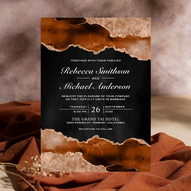 Burnt Orange Terracotta Agate Marble Black Wedding Invitation (Creator Uploaded)