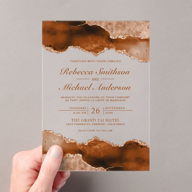 Burnt Orange Terracotta Agate Marble Wedding Acrylic Invitations (Insitu (Handheld))