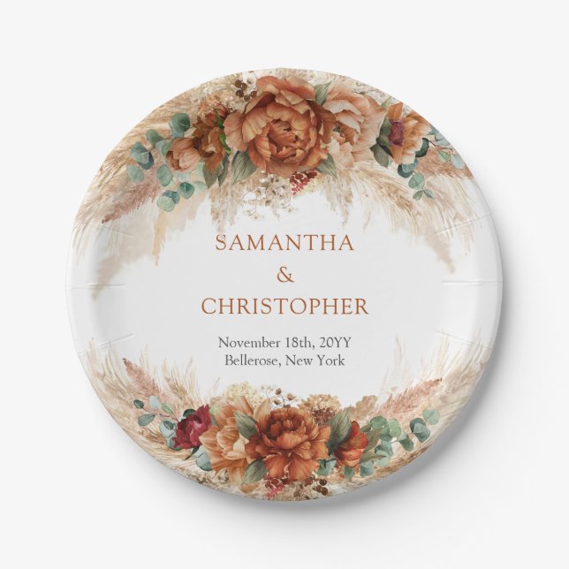 Burnt orange terracotta and greenery foliage arch  paper plate (Front)
