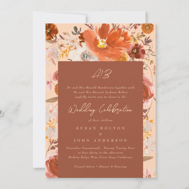 Burnt Orange Terracotta Cream Monogram Floral Invitation (Front)