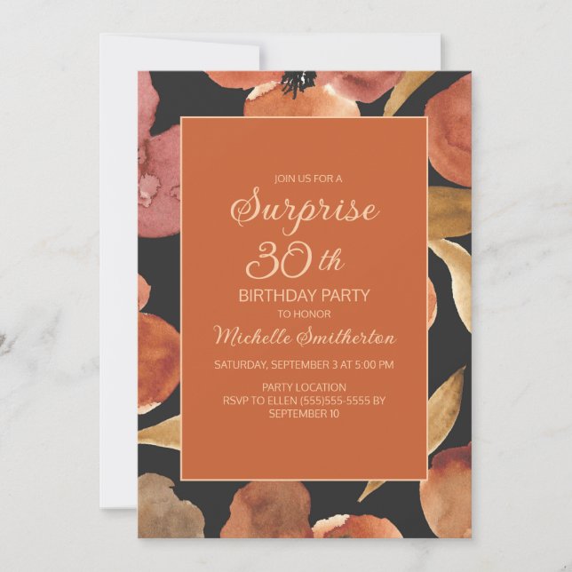Burnt Orange Terracotta Floral Black Surprise 30th Invitation (Front)