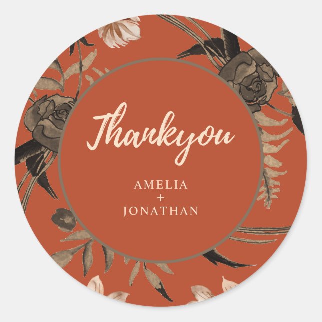  Burnt orange terracotta floral fall wedding  Classic Round Sticker (Front)