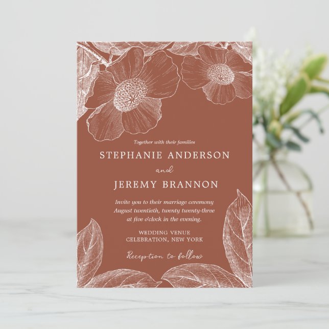 Burnt Orange Terracotta Floral Line Art Invitation (Standing Front)