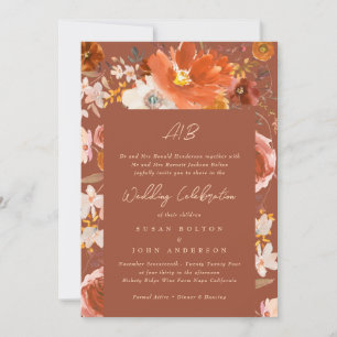 Burnt Orange Terracotta Monogram Floral Border Invitation