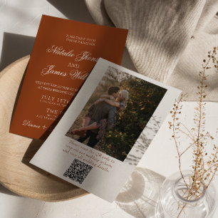 Burnt Orange Terracotta Photo QR Code Wedding Invitation