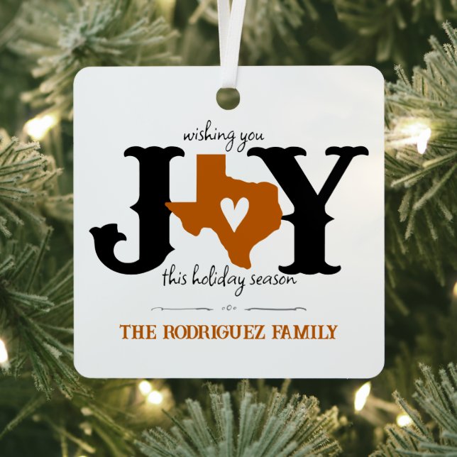 Burnt Orange Texas JOY Photo Holiday Metal Ornament (Insitu)