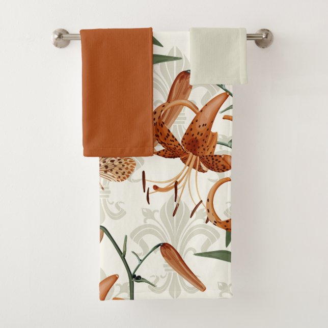 Burnt Orange Tiger Lily Pattern Bath Towel Set (Insitu)