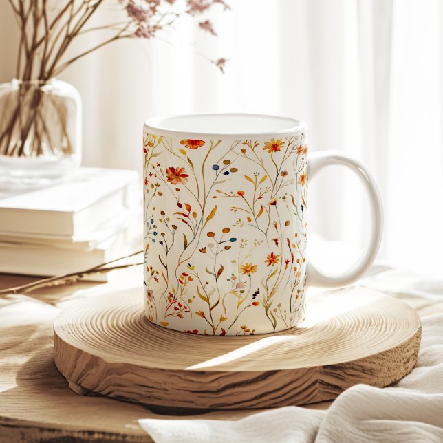 Burnt Orange Tiny Summer Wildflowers Pattern Coffee Mug (Burnt Orange Tiny Summer Wildflowers Pattern Coffee Mug on a sunny neutral boho kitchen table.)