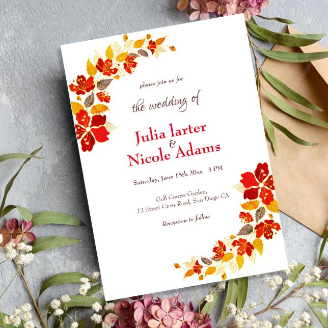 Burnt Orange Tropical Hibiscus Florals Wedding Invitation (Creator Uploaded)
