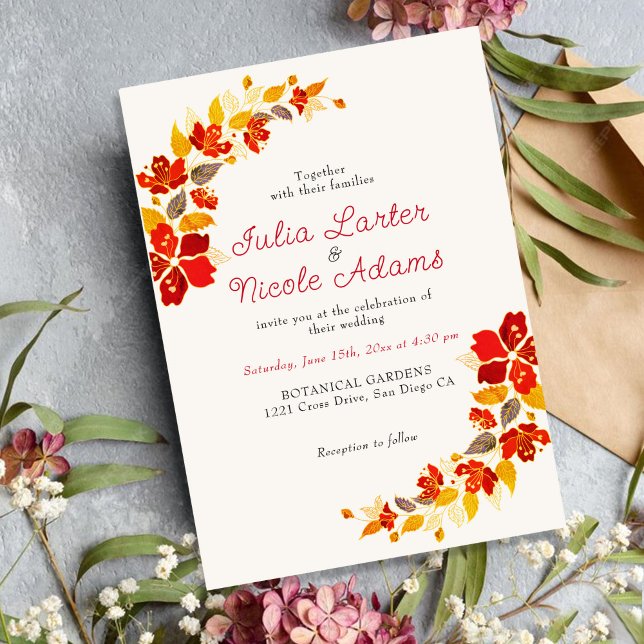 Burnt Orange Tropical Hibiscus Florals Wedding Invitation (Creator Uploaded)