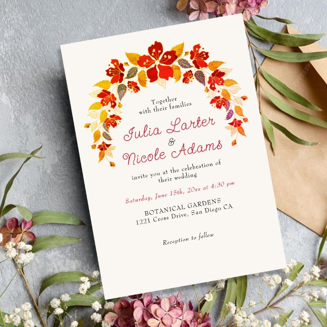 Burnt Orange Tropical Hibiscus Florals Wedding Invitation (Creator Uploaded)