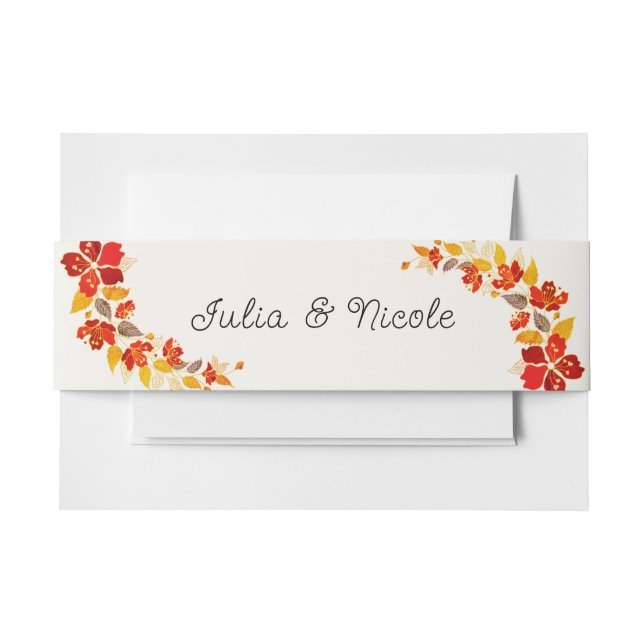 Burnt Orange Tropical Hibiscus Florals Wedding Invitation Belly Band (Front Example)