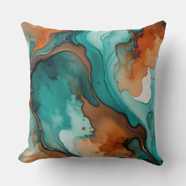 Burnt-orange, Turquoise, and rust watercolor Throw Pillow (Front)