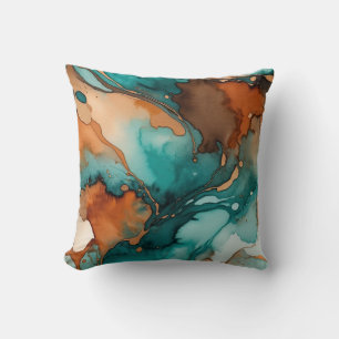 Burnt-orange, Turquoise, rust and black watercolor Throw Pillow
