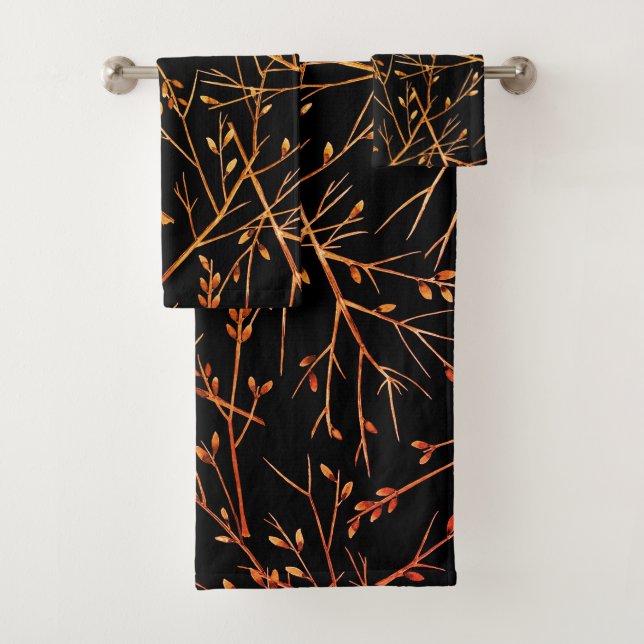 Burnt Orange Twigs on Black Bath Towel Set (Insitu)
