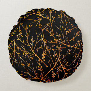 Burnt Orange Twigs on Black Round Pillow